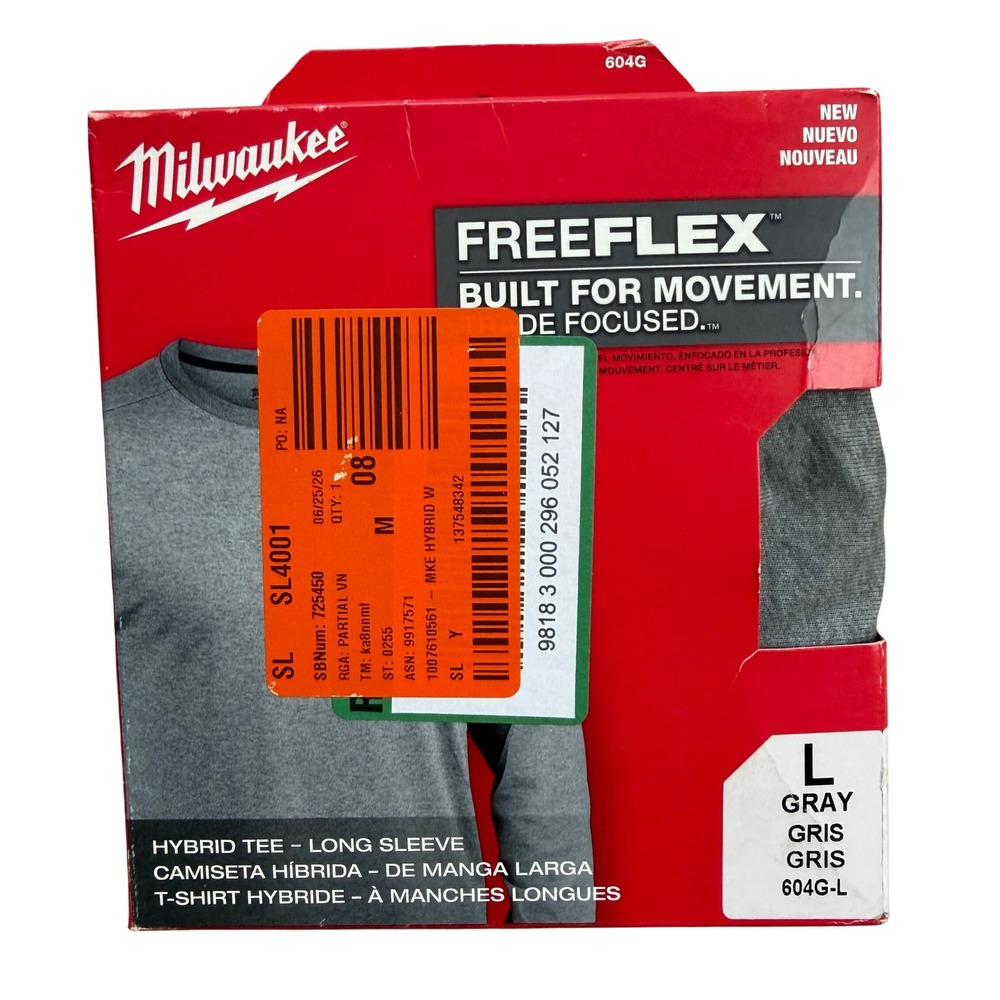 Milwaukee FreeFlex Hybrid Long Sleeve Tee Gray Mens Large 604G Work Shirt UPF 50